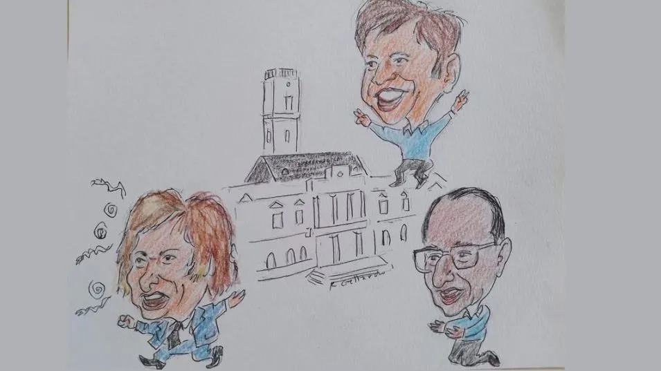 Gobernador Axel Kicillof, intendente Nelson Sombra y presidente Javier Milei.  ILUSTRACIÓN: RAÚL GALLARDO
