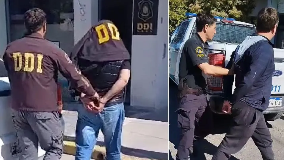 Neefer Eduardo González y Matías Horacio Rosas, cuando el pasado miércoles por la tarde, luego de resultar detenidos, eran ingresados a la sede de la DDI Azul. FOTOS: DDI AZUL/PBA 
