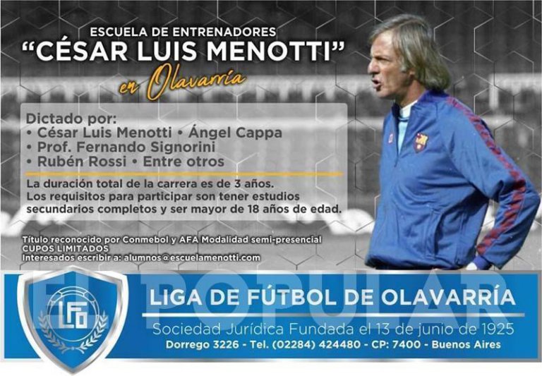 La Escuela de Entrenadores de César  Luis Menotti dictará el curso en Olavarría 
