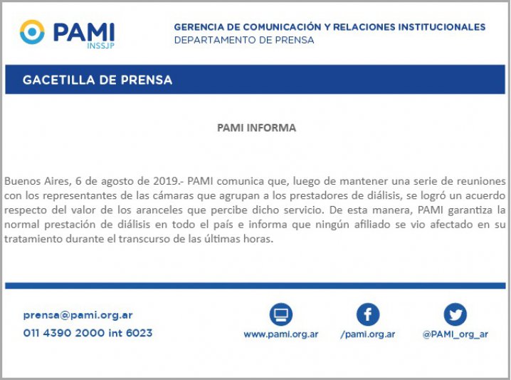  PAMI informó que llegó a un acuerdo con prestadores de diálisis
