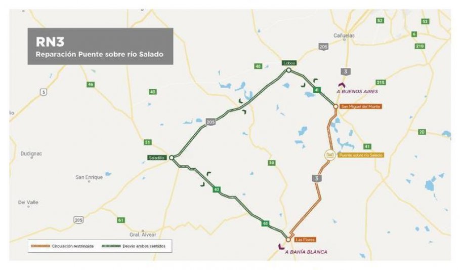 Corte total entre Monte y Las Flores por la  reparación del puente sobre el Río Salado