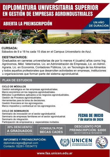 Inscripción abierta a la Diplomatura Universitaria  Superior en Gestión de Empresas Agroindustriales
