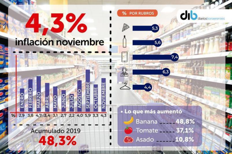 La inflación de noviembre fue del 4,3% y acumula un 48,3% en el año